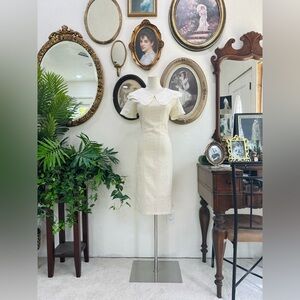 Vintage-Inspired Ivory Eyelet Midi Dress - Youli - Straight Shift Fit